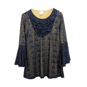 Womens LARGE Blue Lace Bell Sleeve Tunic Gold Lined LS Renn Festival Gothic Boho